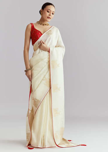 Off White Jacquard Silk Woven Saree With Zari Embroidery