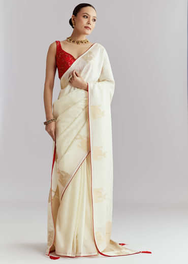 Off White Jacquard Silk Woven Saree With Zari Embroidery