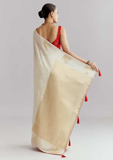 Off White Jacquard Silk Woven Saree With Zari Embroidery