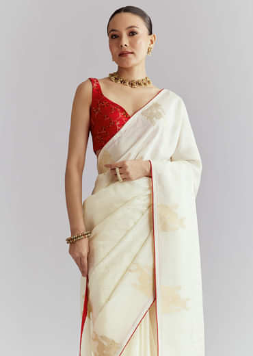 Off White Jacquard Silk Woven Saree With Zari Embroidery