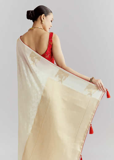Off White Jacquard Silk Woven Saree With Zari Embroidery