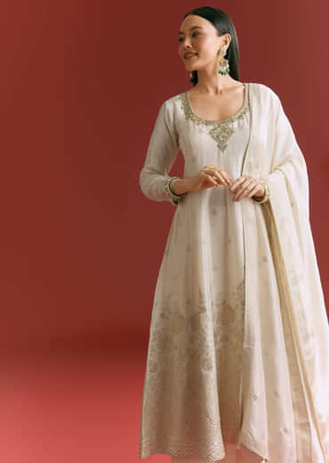 Off White Jaquard Silk Anarkali Suit With Dupatta