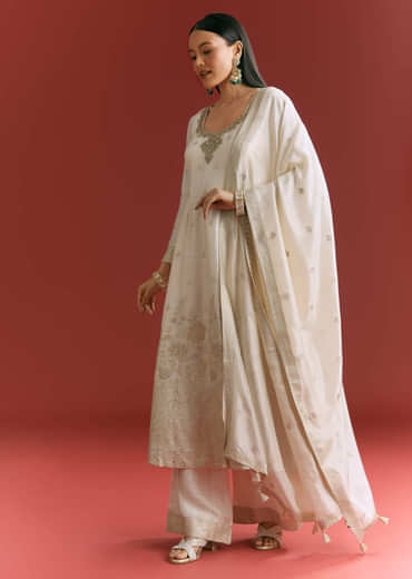 Off White Jaquard Silk Anarkali Suit With Dupatta