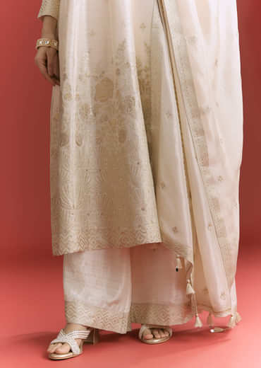 Off White Jaquard Silk Anarkali Suit With Dupatta