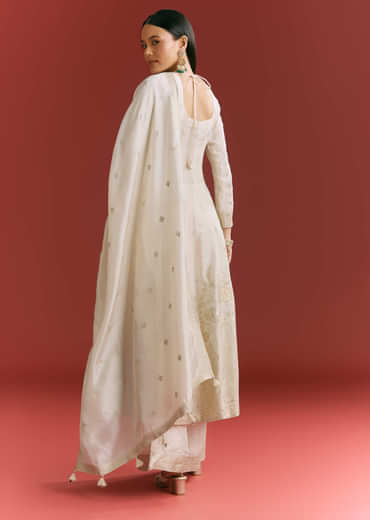 Off White Jaquard Silk Anarkali Suit With Dupatta