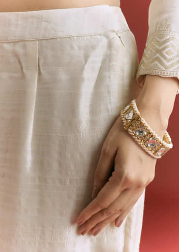 Off White Jaquard Silk Anarkali Suit With Dupatta