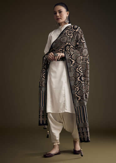 Off White Khadi Dhoti Suit With Black Hand Dyed Ajrakh Dupatta