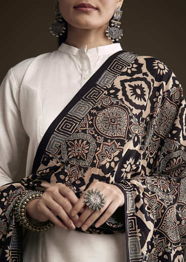 Off White Khadi Dhoti Suit With Black Hand Dyed Ajrakh Dupatta