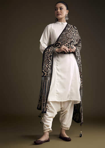 Off White Khadi Dhoti Suit With Black Hand Dyed Ajrakh Dupatta