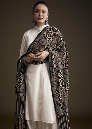 Off White Khadi Dhoti Suit With Black Hand Dyed Ajrakh Dupatta