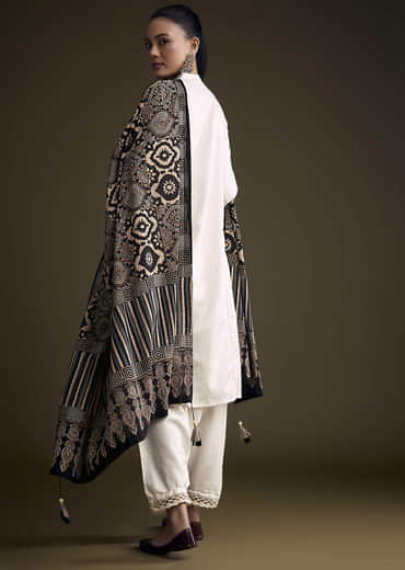 Off White Khadi Dhoti Suit With Black Hand Dyed Ajrakh Dupatta
