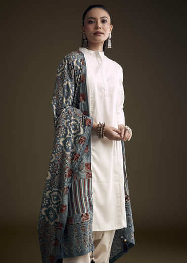 Off White Khadi Dhoti Suit With Blue Hand Dyed Ajrakh Dupatta