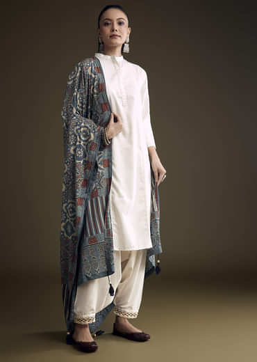 Off White Khadi Dhoti Suit With Blue Hand Dyed Ajrakh Dupatta