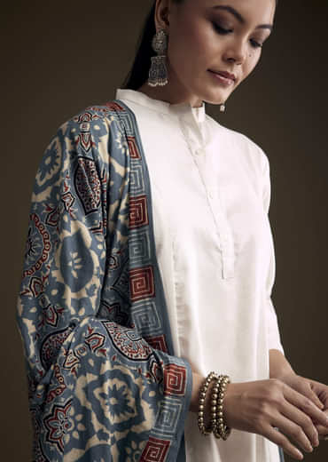 Off White Khadi Dhoti Suit With Blue Hand Dyed Ajrakh Dupatta