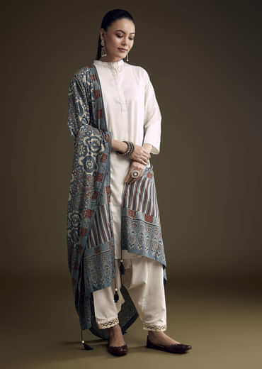 Off White Khadi Dhoti Suit With Blue Hand Dyed Ajrakh Dupatta