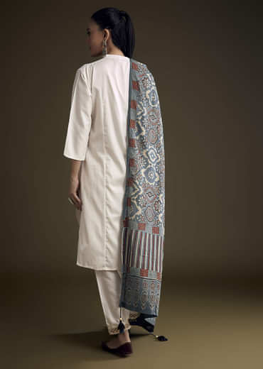 Off White Khadi Dhoti Suit With Blue Hand Dyed Ajrakh Dupatta