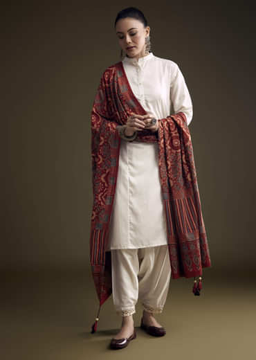 Off White Khadi Dhoti Suit With Red Hand Dyed Ajrakh Dupatta