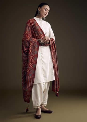 Off White Khadi Dhoti Suit With Red Hand Dyed Ajrakh Dupatta