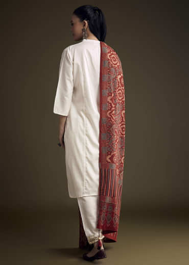 Off White Khadi Dhoti Suit With Red Hand Dyed Ajrakh Dupatta