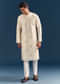Off-White Linen Kurta Set For Men With Mirror Embroidery