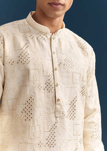 Off-White Linen Kurta Set For Men With Mirror Embroidery