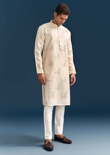 Off-White Linen Kurta Set For Men With Mirror Embroidery