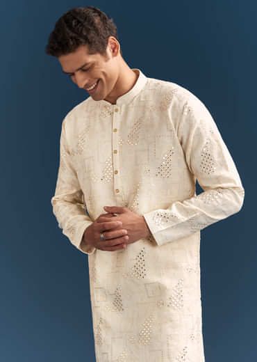Off-White Linen Kurta Set For Men With Mirror Embroidery