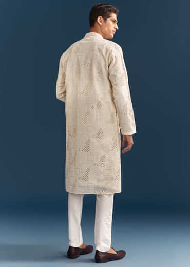 Off-White Linen Kurta Set For Men With Mirror Embroidery