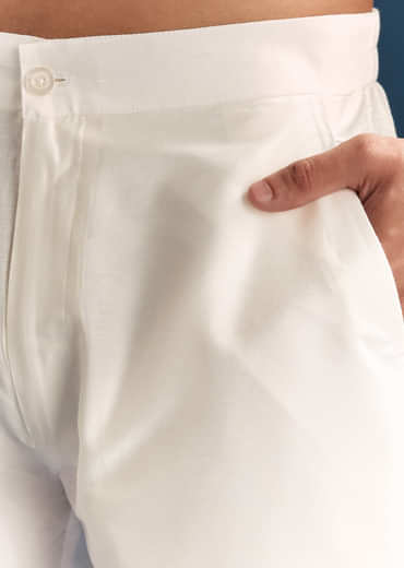 Off-White Linen Kurta Set For Men With Mirror Embroidery