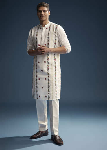 Off White Linen Kurta Set For Men With Resham Aari Embroidery