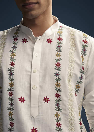 Off White Linen Kurta Set For Men With Resham Aari Embroidery