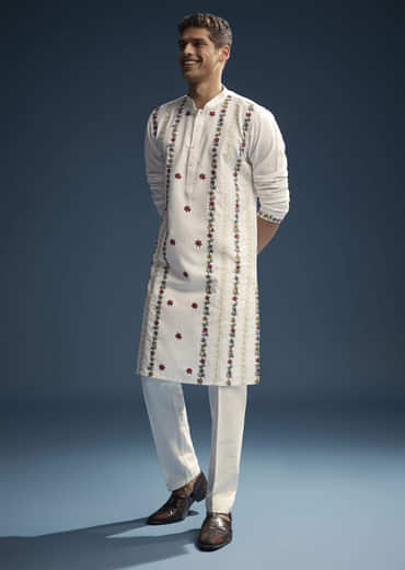 Off White Linen Kurta Set For Men With Resham Aari Embroidery