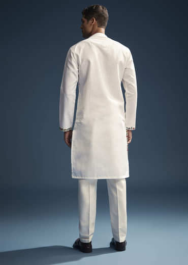 Off White Linen Kurta Set For Men With Resham Aari Embroidery