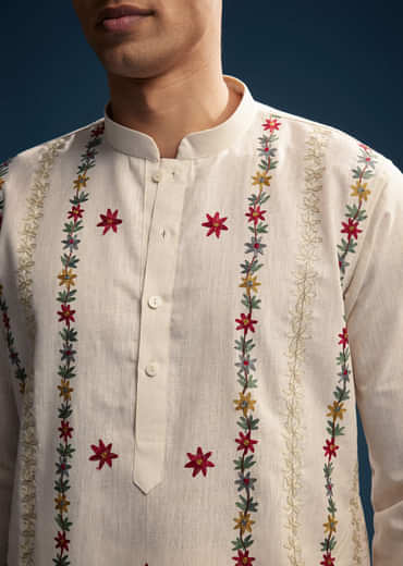 Off White Linen Kurta Set For Men With Resham Aari Work