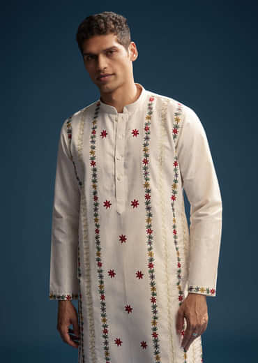 Off White Linen Kurta Set For Men With Resham Aari Work