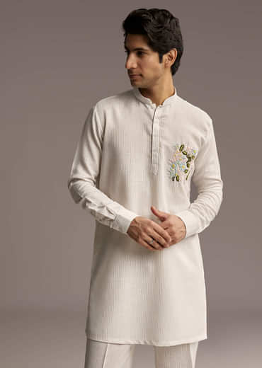 Off White Linen Kurta Set For Men With Thread Hand Embroidery