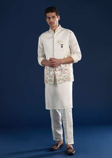 Off White Linen Satin Silk Jacket Kurta Set with Gotta Work