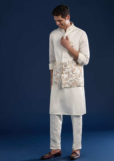 Off White Linen Satin Silk Jacket Kurta Set with Gotta Work