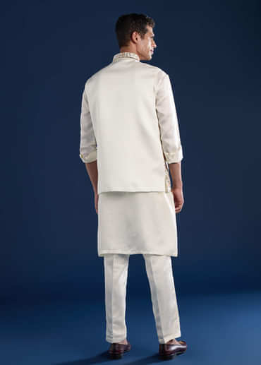 Off White Linen Satin Silk Jacket Kurta Set with Gotta Work