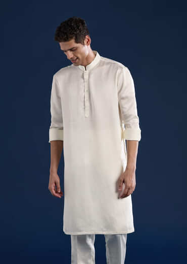 Off White Linen Satin Silk Jacket Kurta Set with Gotta Work