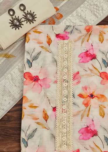 Off White Linen Unstitched Suit Set With Floral Print And Lace Detailing