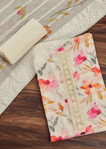 Off White Linen Unstitched Suit Set With Floral Print And Lace Detailing
