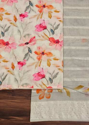 Off White Linen Unstitched Suit Set With Floral Print And Lace Detailing