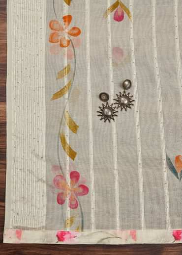 Off White Linen Unstitched Suit Set With Floral Print And Lace Detailing