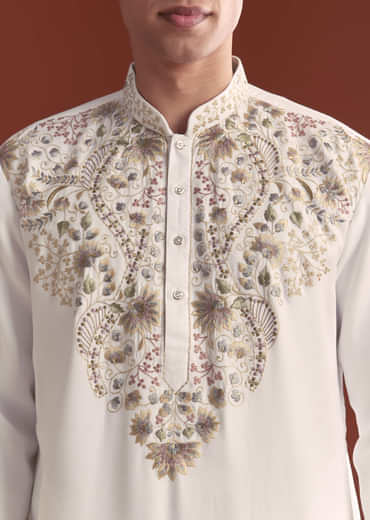 Off White Modal Kurta Set For Men With Intricate Resham Embroidery