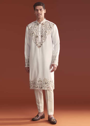 Off White Modal Kurta Set For Men With Intricate Resham Embroidery