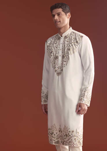 Off White Modal Kurta Set For Men With Intricate Resham Embroidery