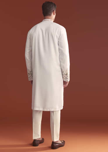 Off White Modal Kurta Set For Men With Intricate Resham Embroidery