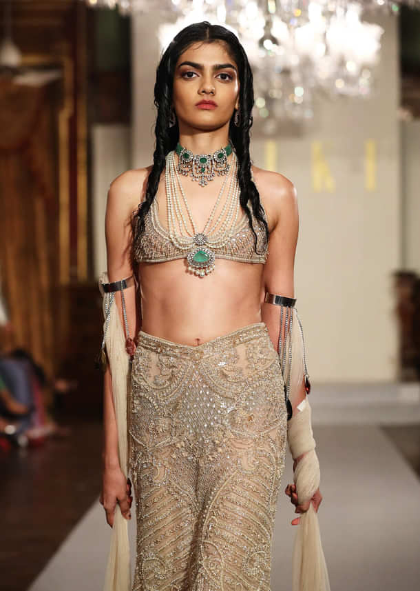 Off White Net Bridal Lehenga Set With Hand Embroidered Fishcut Skirt
