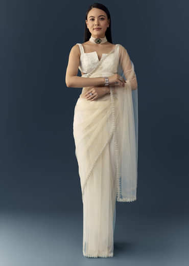 Off White Net Cutwork Border Saree with Unstitched Blouse